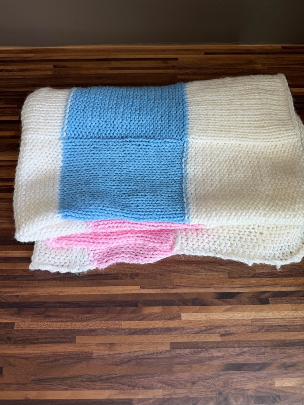 Handmade Knit Baby Blanket in White, Light Blue, and Pink